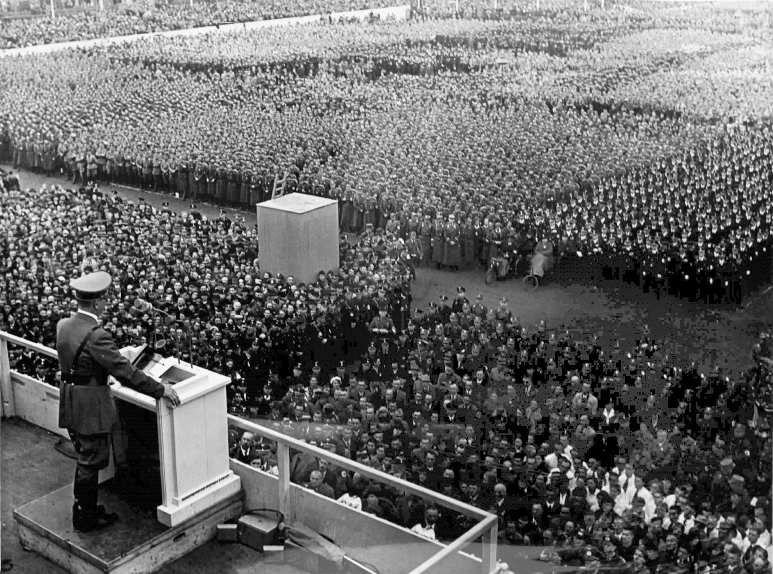 Adolf Hitler makes a speech in front of 100.000 persons at the Gauparteitag in Weimar